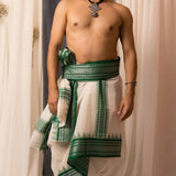 Sah-A White green cotton with silk border veshti set