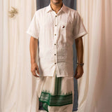 Sah-A White green cotton with silk border veshti set