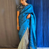 Mila blue dot and stripe kanchipuram silk saree