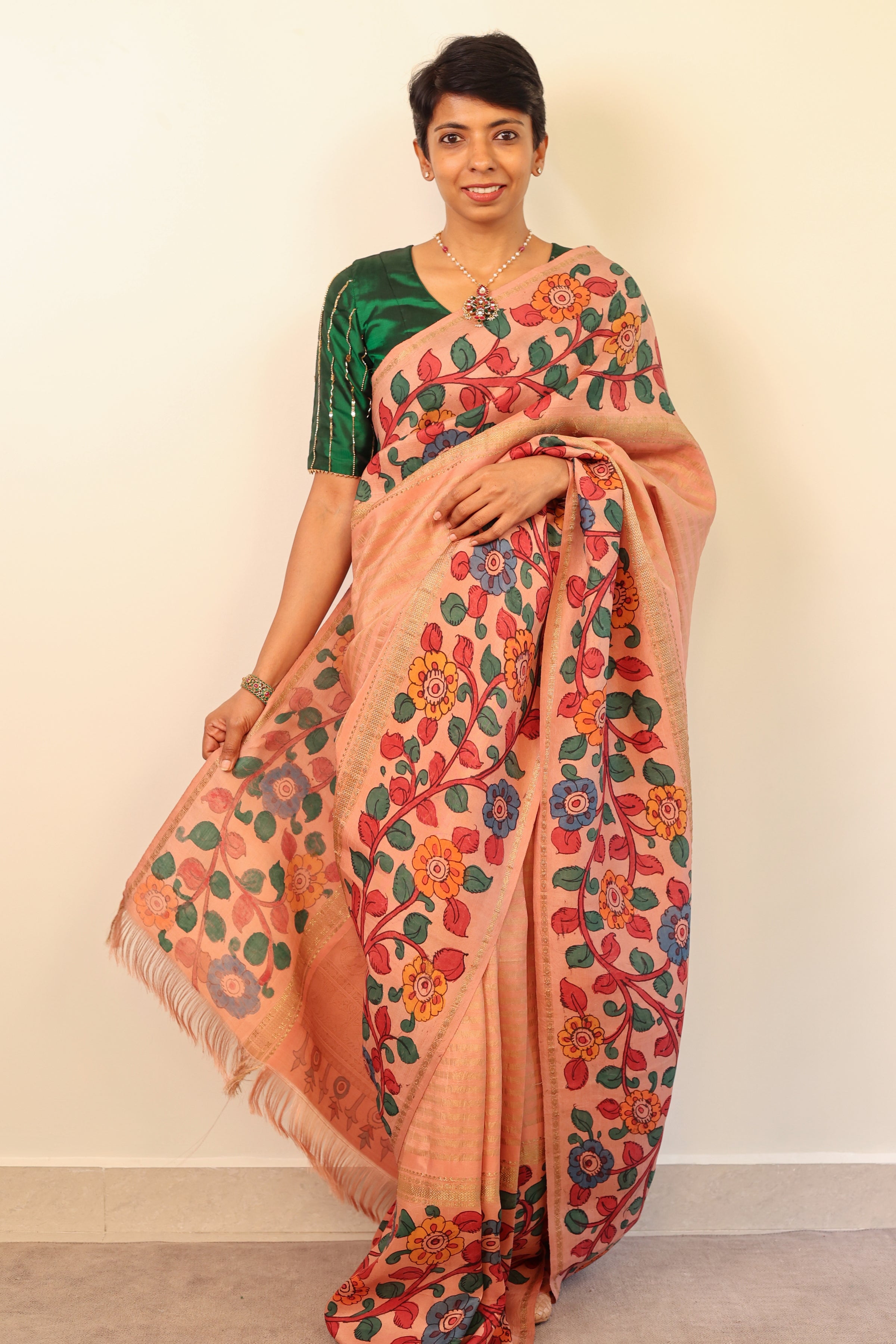 Kalpataru zari striped kalamkari saree