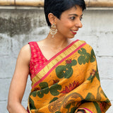 Kalpataru mustard lotus kanchipuram kalamkari saree