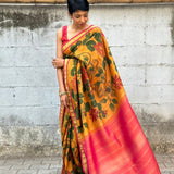 Kalpataru mustard lotus kanchipuram kalamkari saree