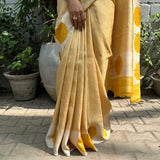 Veena yellow beige hand printed Tussar saree