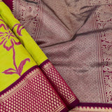 Nidhi lemon green brown appliqued kanchipuram silk saree