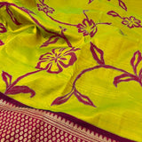 Nidhi lemon green brown appliqued kanchipuram silk saree