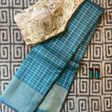 Charita Arctic blue gold silver checked kanchipuram silk saree