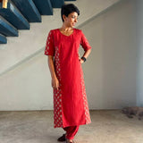 Red colour block kurta