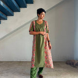 Green colour block kurta