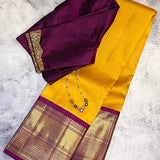 Sumangala yellow aubergine kanchi silk saree