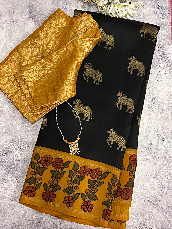 Kalpataru kamadhenu kalamkari silk saree