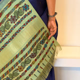 Kalpataru Raindrop Kalamkari Silk Saree - Navy Blue and Green