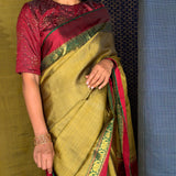 Haathee Crossing Offset Border Kanchi Silk Saree - Olive