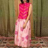 Falling Leaf Pleated Tussar Silk Skirt - Pink