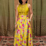 Rose Cluster Pleated Tussar Silk Skirt - Citron