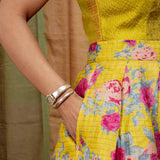 Rose Cluster Pleated Tussar Silk Skirt - Citron