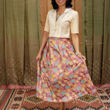 Blooming Zinnia Pleated Tussar Silk Skirt - Pink
