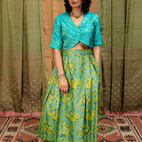 Climbing Rose Pleated Tussar Silk Skirt - Mint
