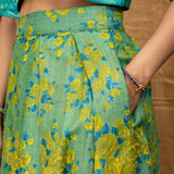 Climbing Rose Pleated Tussar Silk Skirt - Mint
