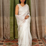 Diya Crystalline Blooms Organza Tussar Saree - Cream