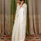 Diya Crystalline Blooms Organza Tussar Saree - Cream