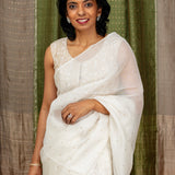 Diya Crystalline Blooms Organza Tussar Saree - Cream