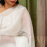 Diya Crystalline Blooms Organza Tussar Saree - Cream