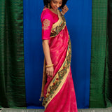 Kalpataru Border Kalamkari Silk Saree - Pink