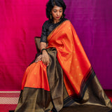 Trayi Hathee Spotting Korvai Kanchi Silk Saree - Orange