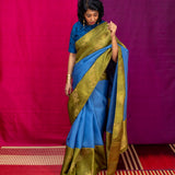 Mishrita Creeper Border Organza Saree - Blue and Olive