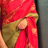 Mishrita Creeper Border Organza Saree - Olive and Red