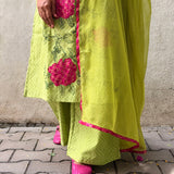 Green Chanderi Applique Kurta Set