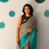 Tuhina Stripes Print Play Organza Saree - Turquoise