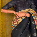 Kalpataru Half and Half Kalamkari Silk Saree - Black and Beige