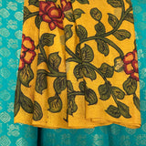 Kalpataru Floral Kalamkari Silk Saree - Yellow and Teal