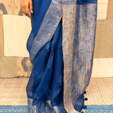 Fern Embroidered Organza Silk Saree - Navy