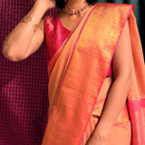 Mishrita Ornamental Border Chiffon Saree - Peach and Beige