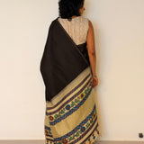 Kalpataru Floral Kalamkari Silk Saree - Black and Cream