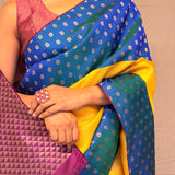 Mishrita Floral Border Organza Saree - Yellow, Peacock Blue and Violet
