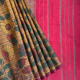 Kalpataru Floral Checks Kalamkari Silk Saree - Mustard