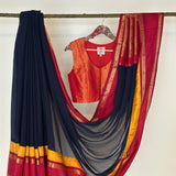 Mishrita Twin Border Chiffon Saree - Navy Blue, Red and Yellow