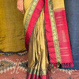 Haathee Crossing Offset Border Kanchi Silk Saree - Olive