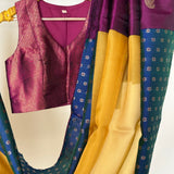 Mishrita Floral Border Organza Saree - Yellow, Peacock Blue and Violet