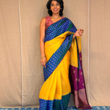 Mishrita Floral Border Organza Saree - Yellow, Peacock Blue and Violet