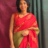 Mishrita Creeper Border Organza Saree - Olive and Red