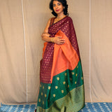 Mishrita Floral Border Organza Saree - Orange, Maroon and Green