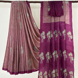 Veena Plaid Flowers Tussar Saree - Purple