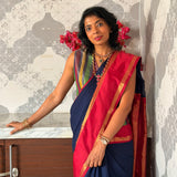 Mishrita Twin Border Chiffon Saree - Navy Blue and Red