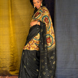 Kalpataru Half and Half Kalamkari Silk Saree - Black and Beige