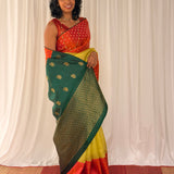 Mishrita Floral Border Organza Saree - Citron, Orange and Green
