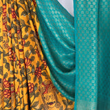 Kalpataru Floral Kalamkari Silk Saree - Yellow and Teal